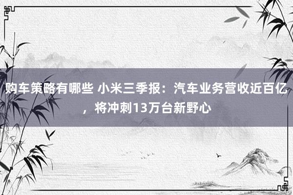 购车策略有哪些 小米三季报：汽车业务营收近百亿，将冲刺13万台新野心